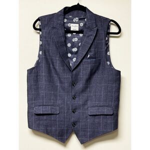 BAIRD MCNUTT 100% Linen Navy Windowpane Plaid Vest Pocket Square, Sz M